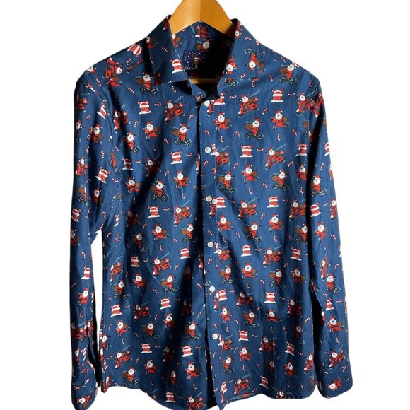 Simon Banks Mens Holiday Shirt M 15.5 Blue Santa Claus Print Button-Down - Picture 2 of 5